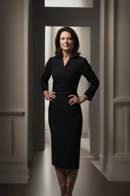 Powerful classical portrait of a modern brunette politician in her late 40s wearing a dark top a little zoomed out