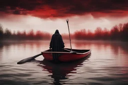 background hell's red river, rear view of grim reaper rowing oars on small boat on red river
