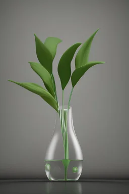 elegant plant in a clear vase with full water on clear gray background