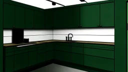 kitchen with dark green furniture, forest wallpaper on a white wall, on the left side next to the window there is a microwave and oven installed in the furniture, and on the right side 5 cm from the induction hob and a kitchen hood above it,