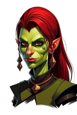 very smart half orc young woman, shes strong and not pretty, her hair is dark red and mid length, she wears an earring and black clothing with green skin and pointed teeth, realistic style