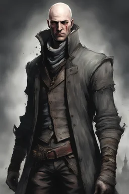 a bloodborne style, really buff, tall, bald, white man, wearing only tattered clothing, no hat