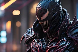 Venom Shredder in 8k solo leveling shadow artstyle, reaper them, close picture, rain, Shredder helmet, neon lights, intricate details, highly detailed, high details, detailed portrait, masterpiece,ultra detailed, ultra quality