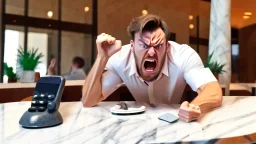 angry guy on phone at missing tabletop next to marble tabletop