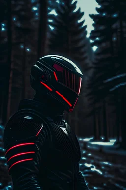 a man wearing futuristic helmet, black futuristic knight armor, glowy red visor, covered face, distant shot, adobe lightroom cinematic filter, snowy forest scene