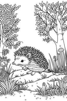 a hedgehog in a charming European woodland, clean line art, monochrome, for kids coloring book