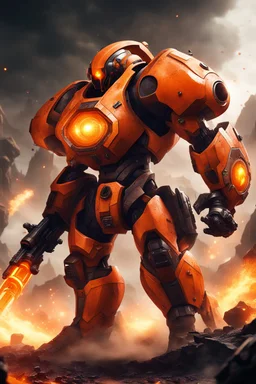 orange-brown futuristic juggernaut with dual plasma battle axe and 4 plasma canon in the back, fighting in brutal battlefield