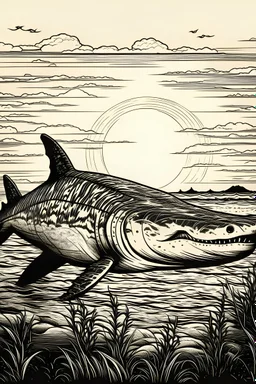 "squalo maestosa nella savana al tramonto, corpo intero, splendida illuminazione naturale, dettaglio della criniera, capolavoro, cartoon in bianco e nero" vista dietro.