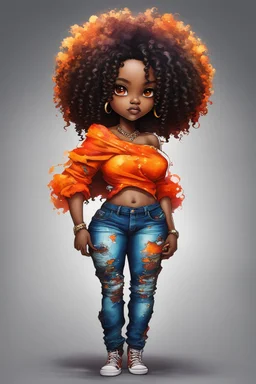 create a colorful abstract graffiti art image 8k of a chibi curvy black female wearing torn jeans pants and a orange tie dye off the shoulder blouse. Prominent make up with hazel eyes. Highly detailed long tight curly afro in a hair wrap.