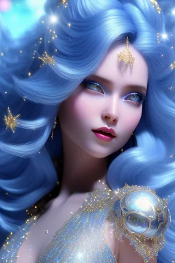 woman glitter blue fairy in a galactic ambiance, long blue hair, detailed gorgeous smile, delicate colors in the foreground, full of details, smooth, light effect，vaporwave colorful, smooth, extremely sharp detail, finely tuned detail, ultra high definition, 8 k, unreal engine 5, ultra sharpBeautyful smiling young woman, long hair amazing blue eyes, flowers, happy cosmic, bright colors, blue, pink, gold, jewels, realistic, photo real, clear sunny background, highly detailed, high contrast, 8k 