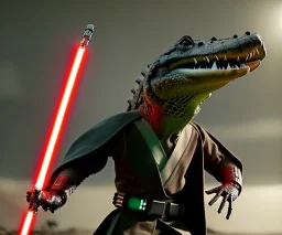 Star wars animation, crocodilian, frills, wide head, samurai robe, holding lightsaber, hands, wrist gauntlets, metal face visor