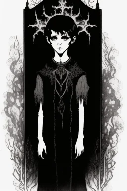 7 year old boy, necromancer, friendly, looks dead, surrounded by weird smoke with eyes, wearing black robes, in the style of Harry Clarke