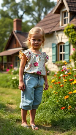 cartonish child lady in pretty top and short pant,standing in country side next to country house with flowers,trees.