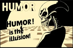 "Humor is the illusion!" propaganda poster in the style of Escher and Giger