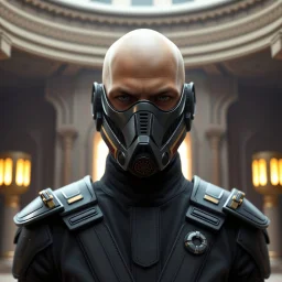 bald male corellian jedi wearing gunmetal grey and black old republic armored flightsuit and breath mask with gold and metallic red trim inside the jedi temple, centered head and shoulders portrait, hyperdetailed, dynamic lighting, hyperdetailed background, 8k resolution, volumetric lighting, light skin, fully symmetric details