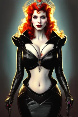 painting of christina hendricks as evil queen in black leather, feminie, angry, strong, volouptous, busty, cleavage, emperious, mature, highly detailed, digital painting, artstation, concept art, smooth, sharp focus, illustration, art by gaston bussiere and alphonse mucha