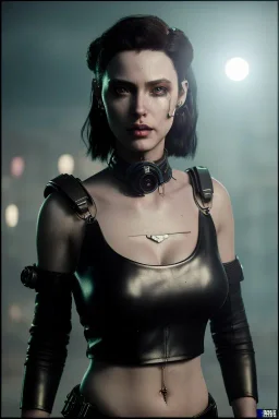 portrait post-apocalypse goddess in black leather in a cyberpunk city, cleavage, sci-fi fantasy style, 8k,dark