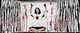 a faceless woman covered in blood holding up a black rectangular box