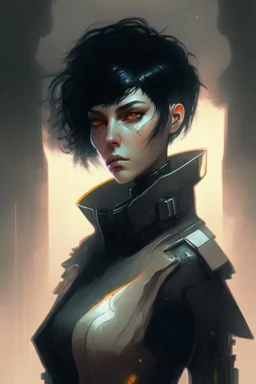 Cyberpunk netrunner, black hair, short hair, cybernetic eyes, standing in mists, Female, dark art, Ivory Peach skin