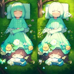 tiny anime girl sleeping in the distance, laying down in a field of flowers, underneath a willow tree, with a butterfly on her nose, hand detail looks human.zoom out. zoom out