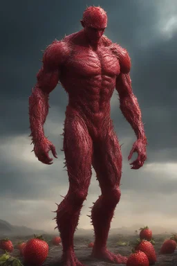 full body portrait, head to toe, imagine in a world made out of strawberries, a 4k UHD strawberry skinned, 1080p strawberry skinned man., at the edge of the Strawberry universe, three million years in the future, an extremely mutated and old Strawberry humanoid being, Volcanic Strawberry Super-man, with wirey, messy, spiked up, long leafy green strawberry hair, burned, scarred and ashy strawberry skin with a lost gaze, bound to the edge of time, wandering aimlessly and alone