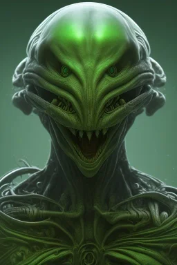 green alien, head, evil, red eyes, big silver teeth, weapons, blood, 8k, finely detailed, photo realistic, HR Giger style