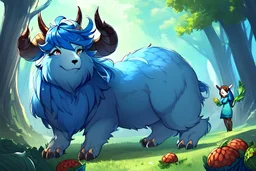 Girl furry, goat's horns, blue hair, clearing in forest, cabbage in hand , hoof foot ,