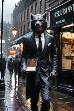Werewolf in a suit walking the streets of Soho in the rain. He's holding a resraurant menu in his hand, and his hair is perfect. There is a Chinese restaurant in the background. Photograph.