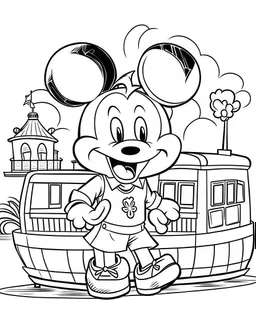 outline art for Mickey Mouse Steam Boat coloring page, Japanese manga style, cartoon style, cute face, white background sketch style, full body is a must, only use outline, clean line art, no shadow, bold outline