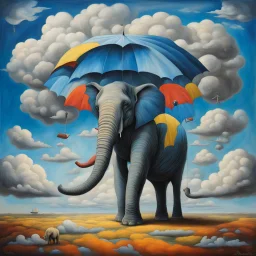 surreal umbrella landscape on the back of a giant fantastical anthropomorphic elephant, artistic oil painting, colorful, shades, blue sky with surreal umbrella clouds, acid wash mind-bending illustration; asymmetric, primary colors, dark shines war, neo surrealism, reflective, by Magritte and Desmond Morris