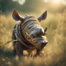 wrapped Egyptian mummy rhino kobold in long grass ,bokeh like f/0.8, tilt-shift lens 8k,*-