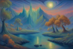 a noctilucent landscape in futurism style, vibrant beautiful award by artist "Umberto Boccioni"by artist "Leonora Carrington",by artist "Guy Orlando Rose"
