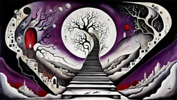 painted inner world with uncontrolled mind and neurodivergens soul, floating doors over surreal cracked painted weird empty land . neverending brockened stairs,. dark purple, gray, black, white, brown, dark red, cream color. Whimsical style of Chagall , of Minjae Lee and of Anna Dittman. No people in picture, weird absurd beauty nightmare, in background big neuron network web, surreal vibe