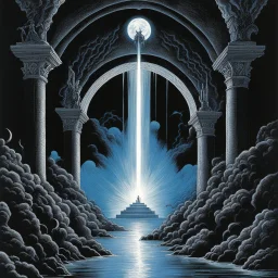 [ Hydrogenesis, 1979 in Heavy Metal Magazine Vol. 2, #10 by Philippe Caza] in the world of Darkness Has Many Doorways, where Hell is paved with good intentions, there exists a realm shrouded in mystery and fear. It is a place where the line between reality and fantasy blurs, where nightmares take form and darkness reigns supreme. a fortress of black stone and shadowy secrets: within its walls, the most powerful sorcerers and warlocks gather, their intentions as murky as the depths of the abyss.