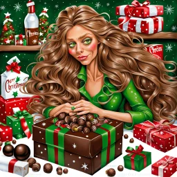 acrylic glossy, Christmas themed, whimsical caricature of an tired dark-blonde green eyes woman with messy long hair. she's wrapping a box with Christmas wrapping paper at the kitchen table. head resting on box. around her chocolate boxes, chocolate bar, chocolate balls, brandy bottle with precize text:"pálinka" and presents piled up. ribbons, and wrapping paper on table. funny detailed, stunning illustration