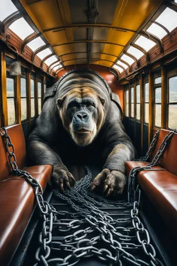 A giant creature looks like big food laying in side a train car .it is tied up to the train with. Lot of iron chains