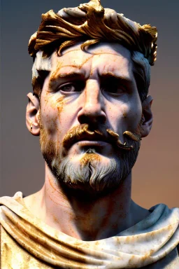 Realistic image, Roman sculpture made in marble with gold veins, Lionel messi with gold laurel leaves crown, waist up portrait,marble material, gold ornaments, Renaissance style, sun rays background, epic, celestial, cinematic lighting, God lights, 4k resolution, smooth details, soft lighting, unreal engine 5, art station, substance 3d.