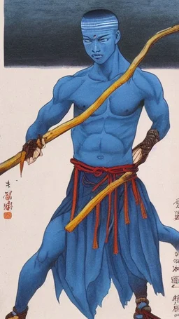 A young male water genasi with deep blue skin color, water shape dred hair on head. Shaolin monk with long stick weapon, kung fu master, martial art