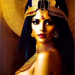 Drawing of beautiful face,busty 'cleopatra',throne,hieroglyphics,balanciaga fashion clothe painting by gaston bussiere, greg rutkowski, yoji shinkawa, yoshitaka amano, tsutomu nihei, donato giancola, tim hildebrandt, oil on canvas, cinematic composition, extreme detail,fit full head inside picture,16k