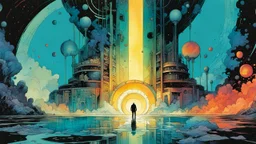 create a wildly abstract and chaotic illustration of an inter-dimensional portal to the highly detailed lost antediluvian civilization of Atlantis, utilizing fluid organic shapes, in the comic book art style of Bill Sienkiewicz, Mike Mignola, and Jean Giraud Moebius, finely textured, drawn, colored, and inked