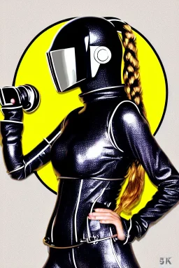 Photograph Cyber-punk girl random mask, old AKG-style big headphones, golden rings & disc. Fencing mask covers cheeks. Uma Thurman, Kill Bill, steel sword. thick tights, thick calves. old-fashioned camera lenses. Ancient artifact attached to perfect body. Tomb Raider. 5th dimensional Escher tiling background. Daft Punk, Tron Movie. Matrix movie clothes, tippet. Cyan latex. Cyan wicked sneakers. 1990's. An old AKG-microphone as mouth. Closely packed holes. Minimalism, fashion Haute Couture