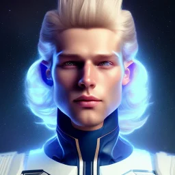 Beautiful cosmic man, blue eyes, long blond hair, smiling, cosmic suit, full body, galactic backdrop, soft lighting, hyper realistic, unreal engine 5, 16k