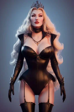 Veronica Lake as evil queen in black leather, busty, cleavage, curvy, angry, stern look. character design by cory loftis, fenghua zhong, ryohei hase, ismail inceoglu and ruan jia. unreal engine 5, artistic lighting, highly detailed, photorealistic, fantasy