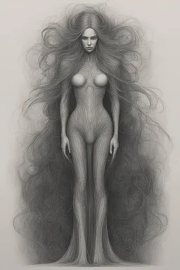 Drawing of a beautiful female with long hair in the style of Scorn, Giger, Beksinski, Leonardo da Vinci. Full body.thin lines draw style