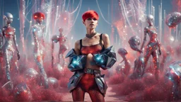 Captivating fashion effortlessly loaned by (her daring extra red pixie cut). She's chicly garbed in an avant-garde futuristic clothes, full body,, channelling the chaotic beauty , standing best pose in a grey distopic landscape of shimmering vibrant fashion artworks, radiating and weird cyber style