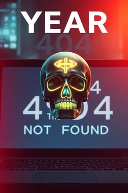 Gnarly sci-fi dystopian movie poster for title "YEAR 404", floating virtual skull with glowing 'tiktok' corporate symbol on it, background is a large laptop computer screen that reads "404 PAGE NOT FOUND", satirical