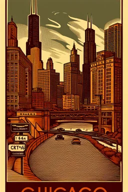 vintage-style woodcut illustration of Chicago's skyline featuring the Willis Tower (formerly Sears Tower) and other modern skyscrapers. The image has a sepia-toned color scheme with black and brown elements. In the foreground, a curved highway labeled "ROUTE 66" with vintage cars driving on it. Street signs reading "CHICAGO", "LAKESHORE DRIVE", and "MILLENNIUM PARK" are positioned in the upper portion. The illustration includes a bridge spanning across a body of water, with architectural details