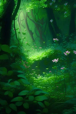 Green forest with the flowers