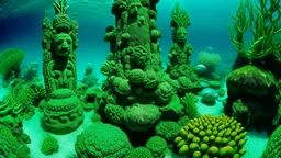 A greenish blue underwater reef with seaweed and kelp designed in Moai statues painted by Keith Haring