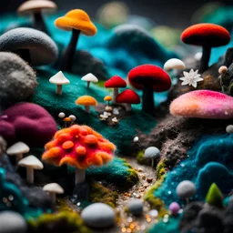 Close-up photograph of a landscape made of felt, animals, fungi, crystals, mineral concretions, extreme detail, intricate, colours, Tim Burton, rich moody colors, sparkles, bokeh, 33mm photography